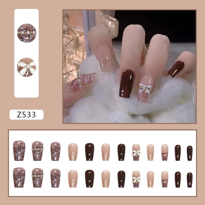 

24Pcs/Set Dark Curry Jumping Colour Small Fragrant Style Press on Nails Bowknot Wearing False Nails Art Flat Head Fake Nails