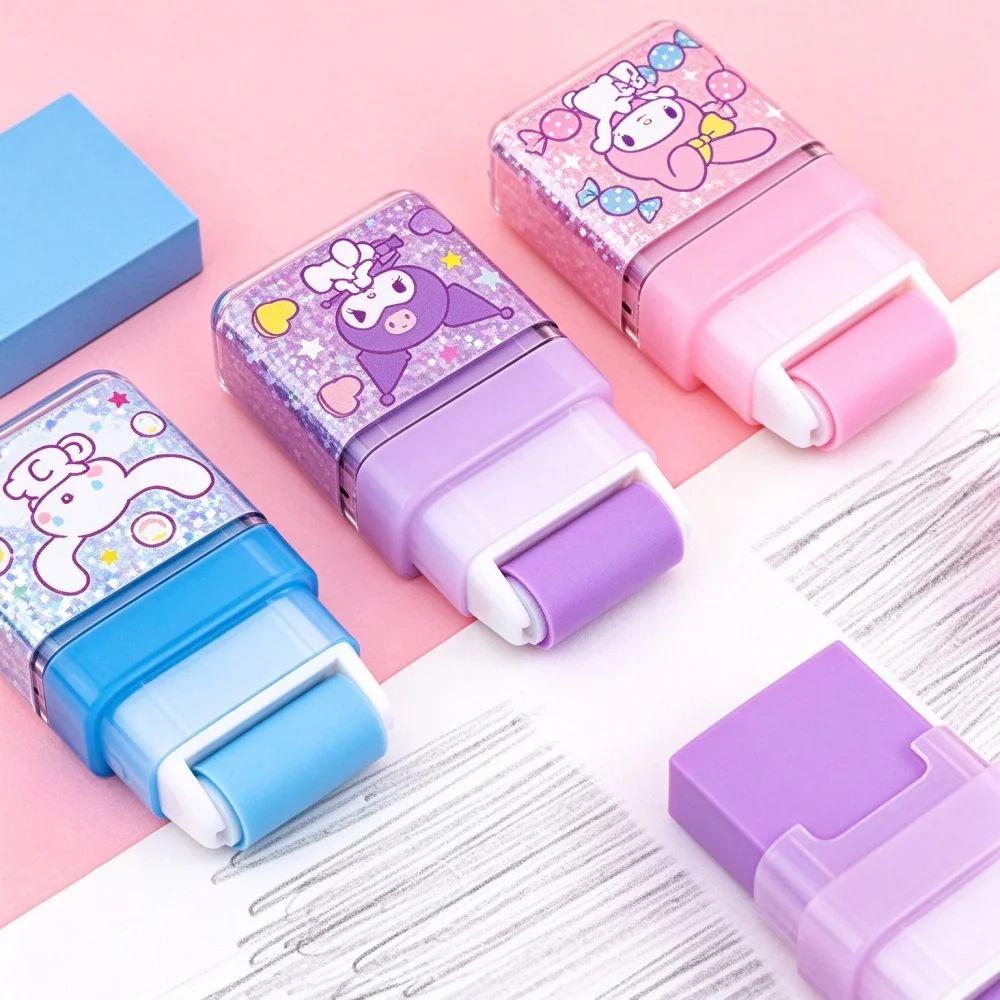Genuine Sanrio Cartoon 2-In-1 Rolling Erasers With Crumbs Storage Cute Kuromi Cinnamoroll Melody Low Residue Eraser Party Favors