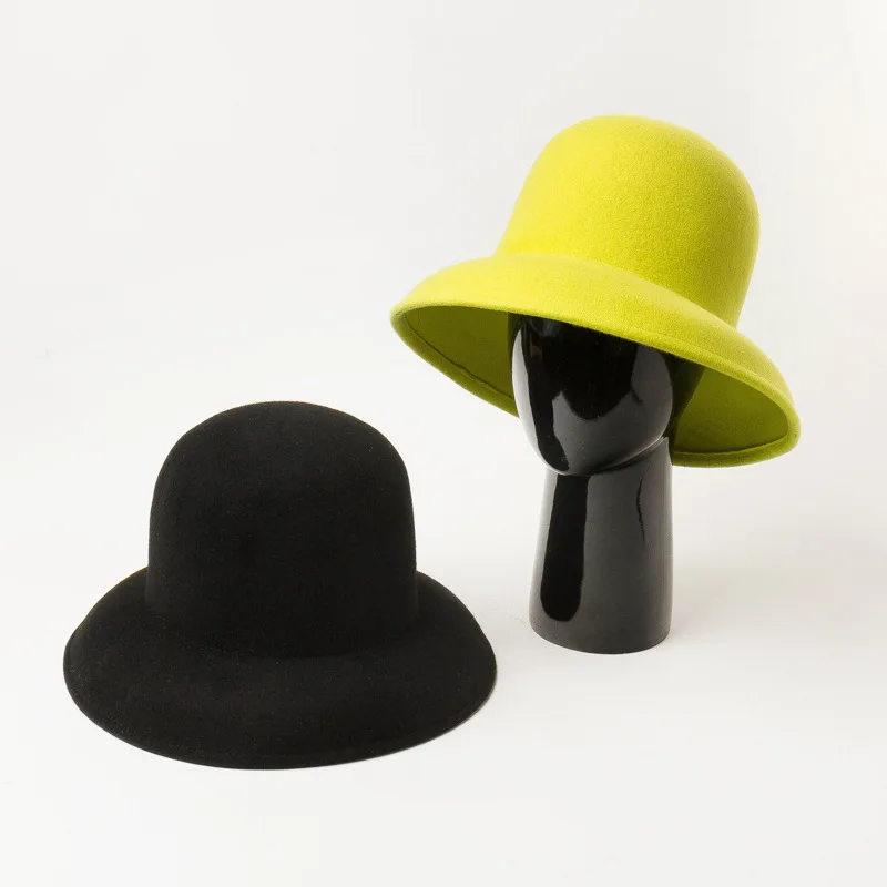 Autumn Winter New Hepburn Style Round Top Rolled Wide Brim Fine Wool Fashionable Concave Shape Warm Felt Hat