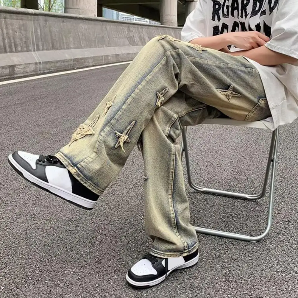 Men Spliced Color Jeans Gradient Color Splicing Men's Denim Pants with Distressed Cross Pattern Slight Flared Trousers for Men