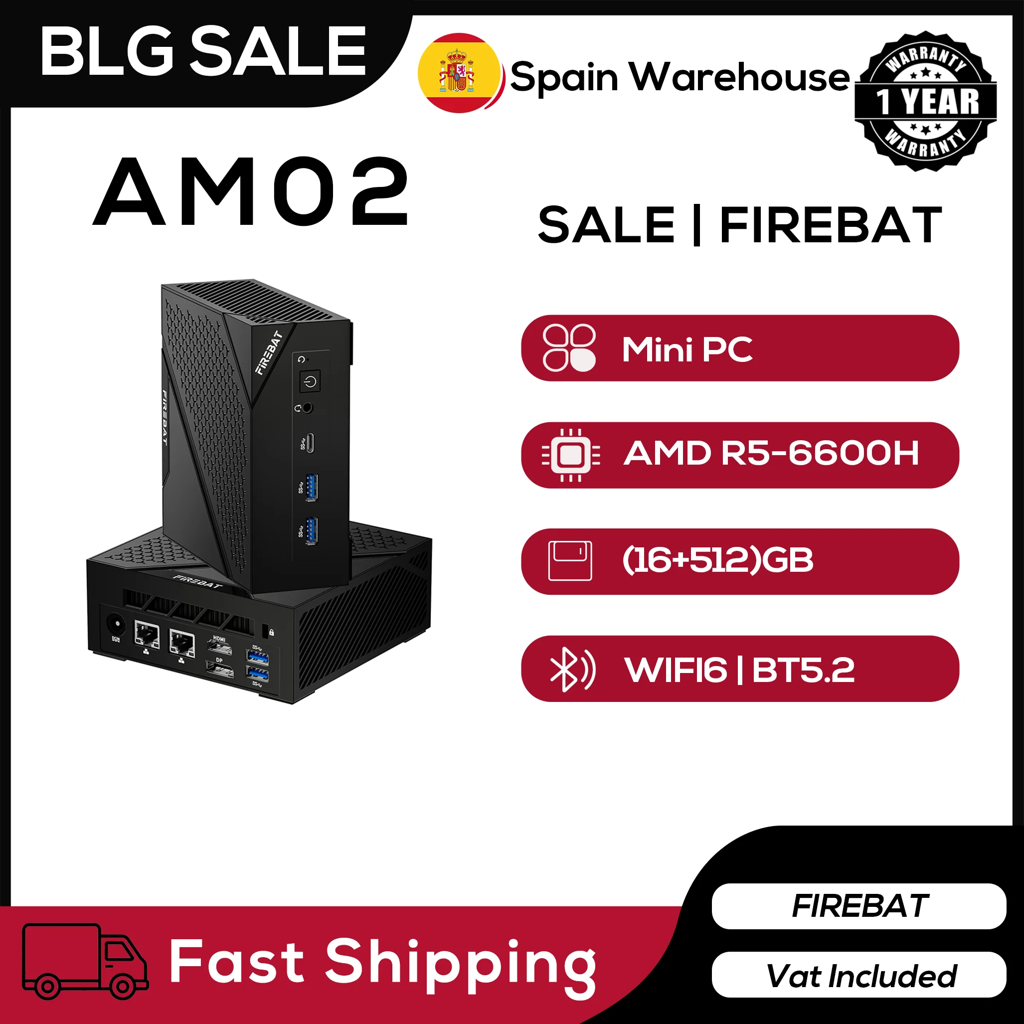 FIREBAT AM02 Mini PC, AMD Ryzen 5 6600H (6C/12T, Up to 4.5GHz), 16GB DDR5 512GB PCIe 4.0 SSD, Radeon 660M, WiFi6 BT5.2, Dual 1G LAN, HDMI DP Type-C, Windows 11 Compact Desktop