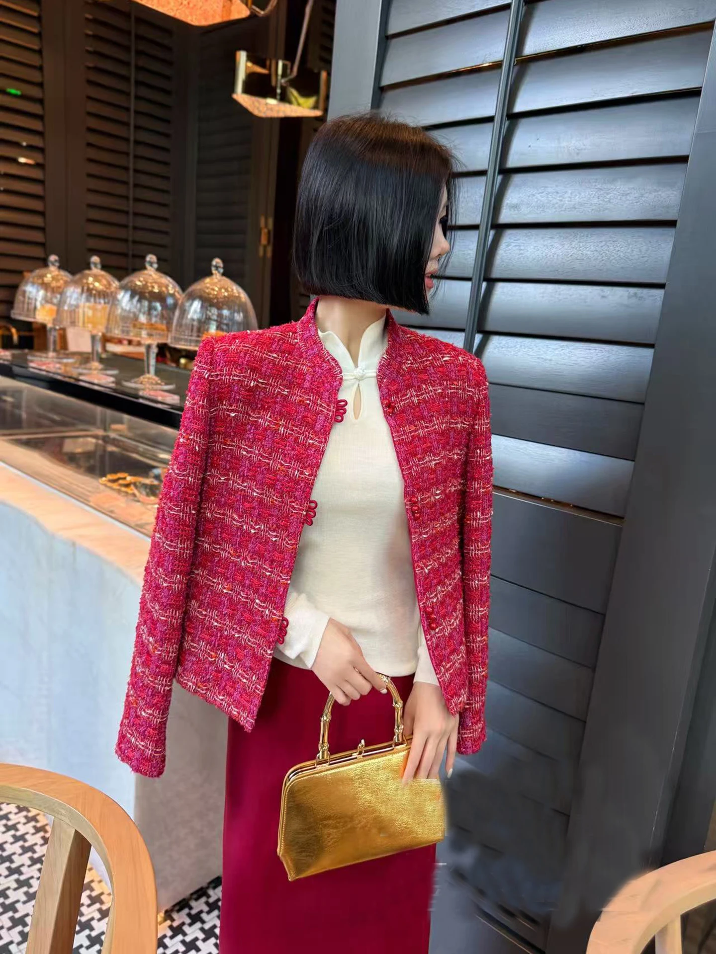 

New Year Gold Tead Thi Tweed Chinese Sle Stand Collar Red Svel Vest Top Bright Tead Outerwear Regular Length