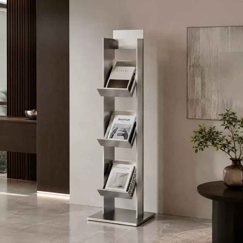 Bauhaus style modern simple stainless steel magazine rack, floor-to-ceiling multi-layer storage shelf, living room study