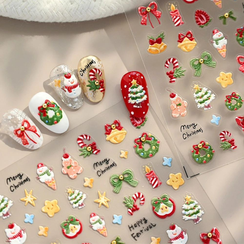 

Christmas Tree Wreath Bells Bowknot Sonwman Star Cartoon 5D Embossed Self Adhesive Nail Art Stickers Xmas Cute Manicure Decals