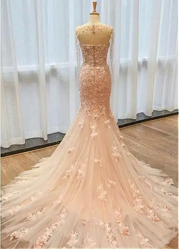 Angels bridep rosa Meerjungfrau Brautkleider Myriam Tarife Vestidos de Noiva mit Langarm Applikationen Spitze transparenten Hals Brautkleider