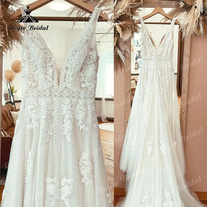 Boêmio vestido de casamento tanque com decote em v renda appliqued sem costas boho uma linha 2025 nupcial robe mariee chique personalizado sukienka na wesel