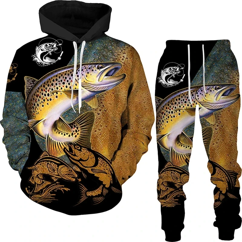 New 3D Fishing Art Print Casual Couple Hoodies Outfits Hip Hop Streetwear Hooded Sweatshirt+Sweat Pants Men\'s Tracksuit Set