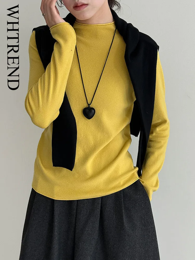 

WHTREND универсальная мягкая приятная для кожи базовая рубашка женская осенняя новая однотонная трикотажная футболка с полувысоким воротником WH1827