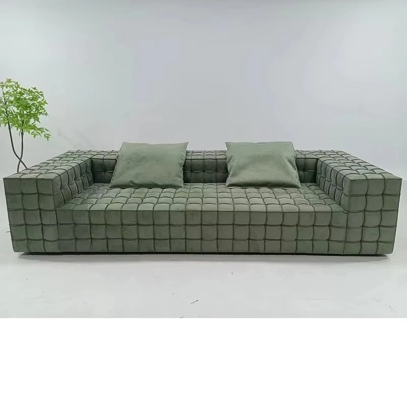 ^Italian Minimalist Rubik's Cube Lattice Double-sided Frosted Cloth Sectional Three Seat Solid Wood Frame Sofa Living Room Hotel