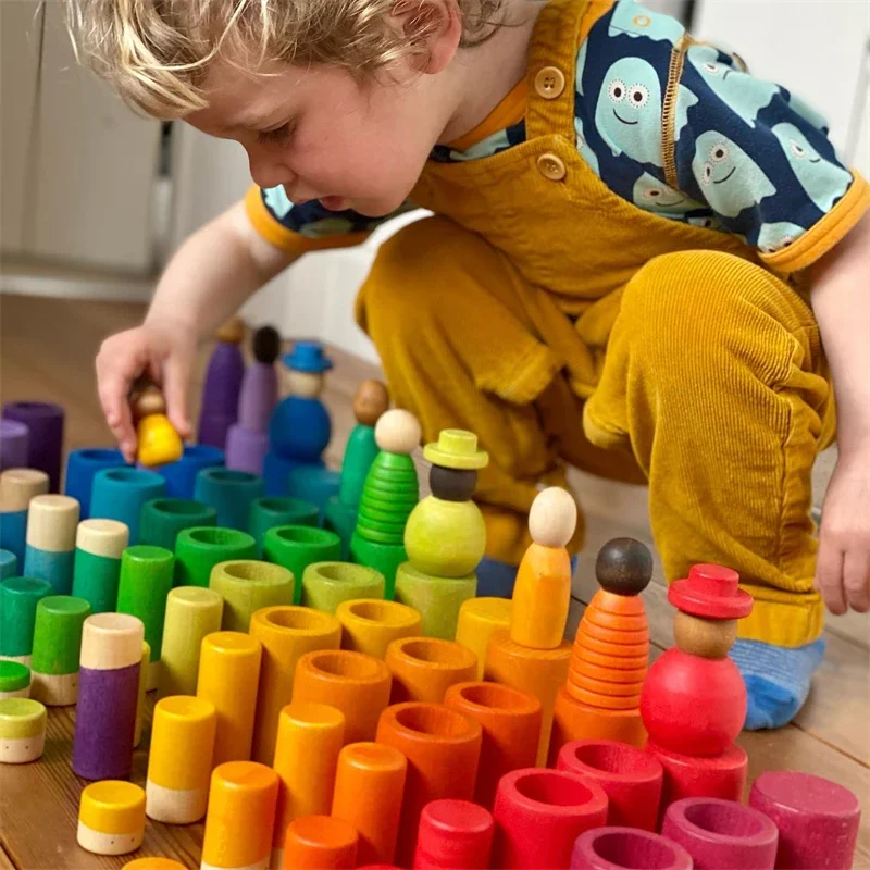 Poupées à cheville en bois arc-en-ciel pour enfants, ensemble de jeu de saison, jouets à extrémité ouverte, pièces adt, matériaux de jeu empilables, jouets Montessori pour bébé