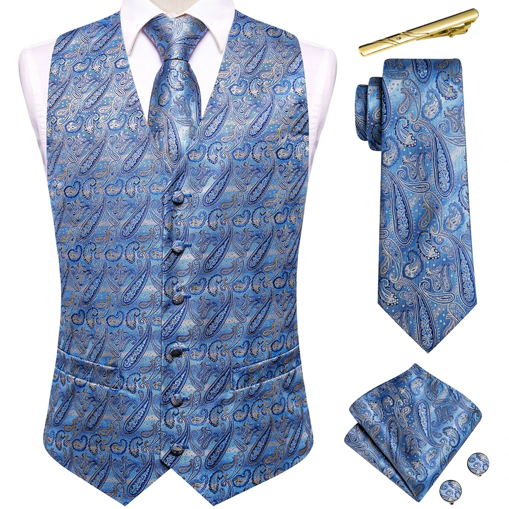 

Hi-Tie Business Blue Mens Silk Vests Classic Paisley Waistcoat Jacket Necktie Hanky Cufflinks Clips Sets Wedding Formal Designer