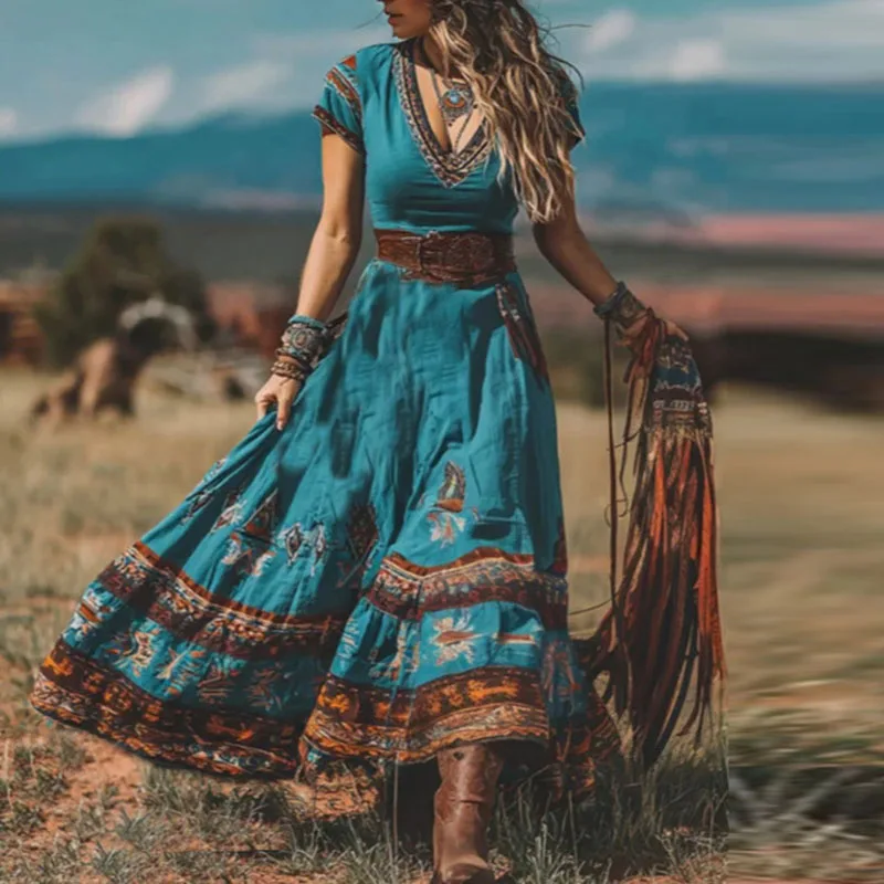 Ethnic Print Loose Hem Boho Western Dress 2026 Spring V Neck High Waist Long Dress Summer Short Sleeve Vacation Maxi Dress Mujer