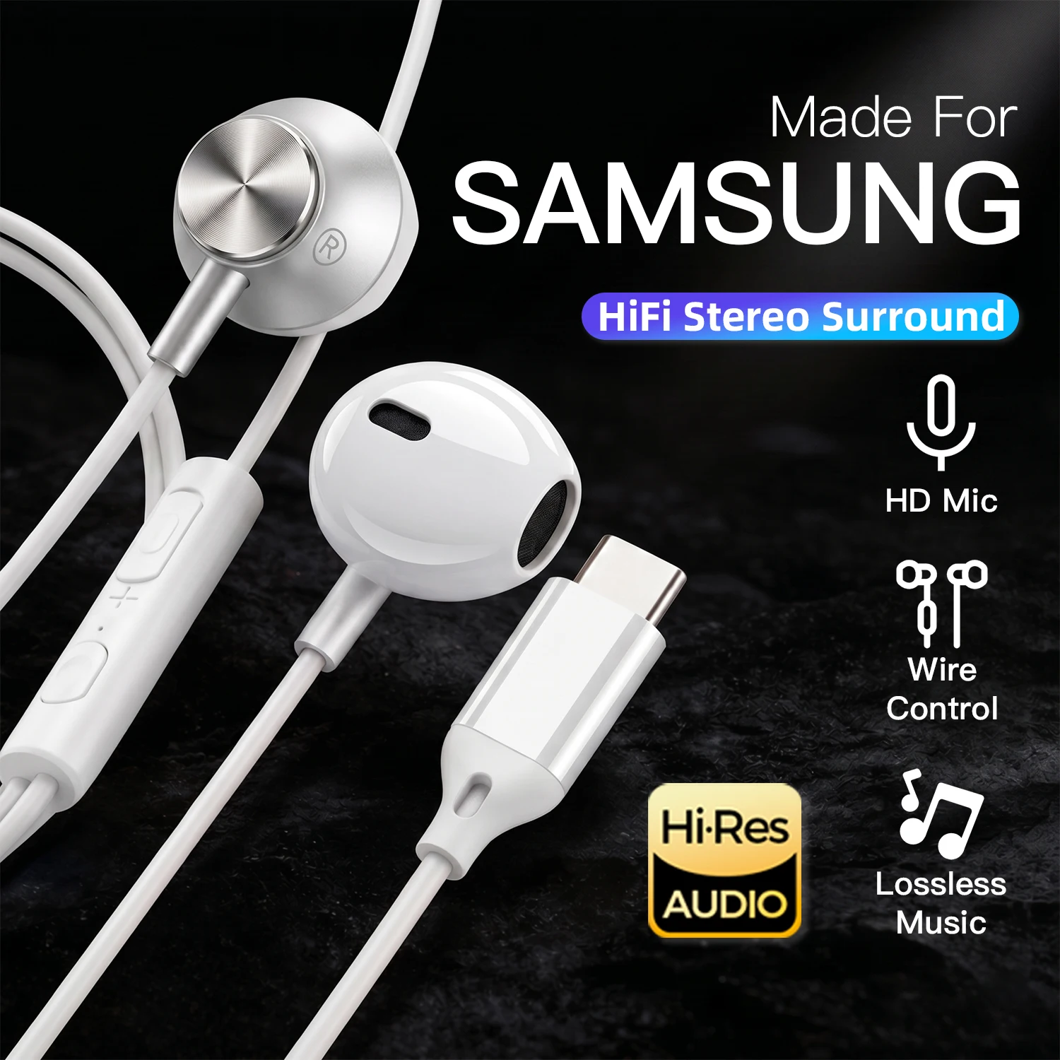 Fones de Ouvido com Fio para Samsung, Intra-auriculares, Som Surround HiFi, USB Tipo C, Headset para Galaxy S26 S25 S24 S23 S22 Ultra