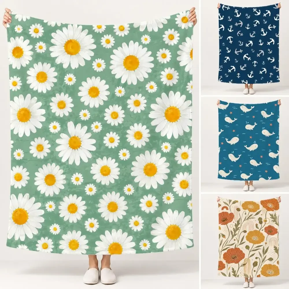 Vintage Floral Nautical Music Pattern Throw Portable Warm Flannel Throw Blanket for Travel Office Outdoor, Soft Bedspread Gift