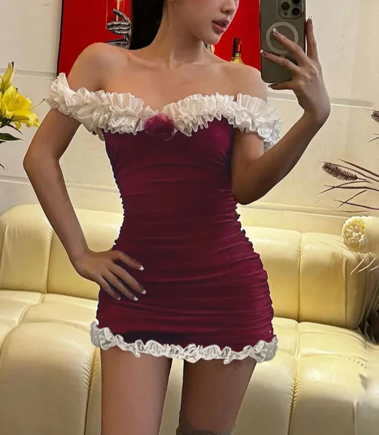 فستان قصير أنيق للحفلات للنساء مطوي مرقع قبالة الكتف تشكيل الجسم موجزة فيستدوس أنثى رداء عيد ميلاد جديد