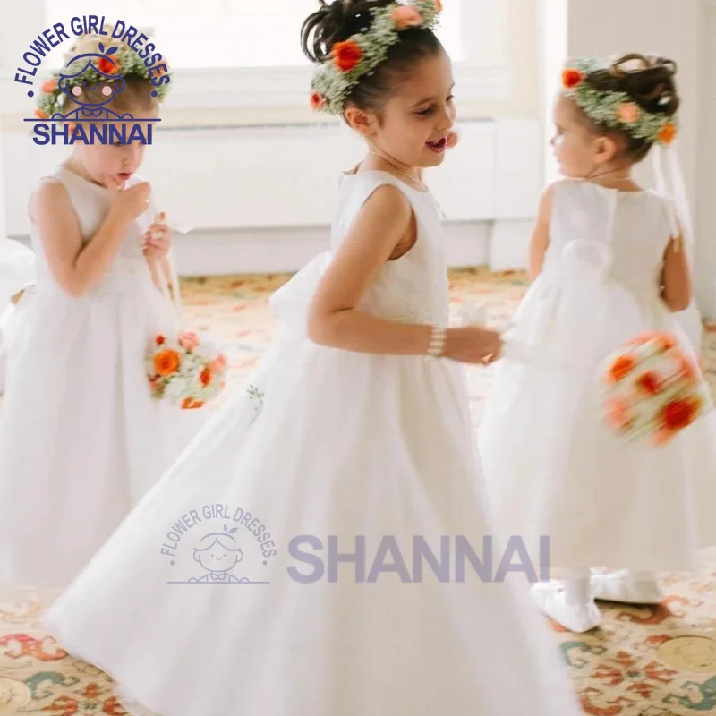 2023 First Communion Dresses Girls White & Ivory Simple Round Neck Bowknot Flower Girl Dress for Weddings Prom Bridesmaid Party