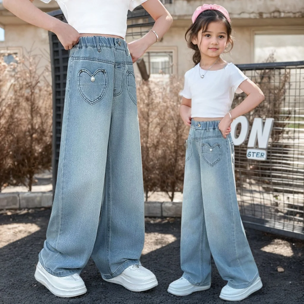 Girls' Peach Heart Pocket Pearl Jeans New Products Fashionable and Versatile Medium-Grand Children's  Wide Legs Casual Fashion