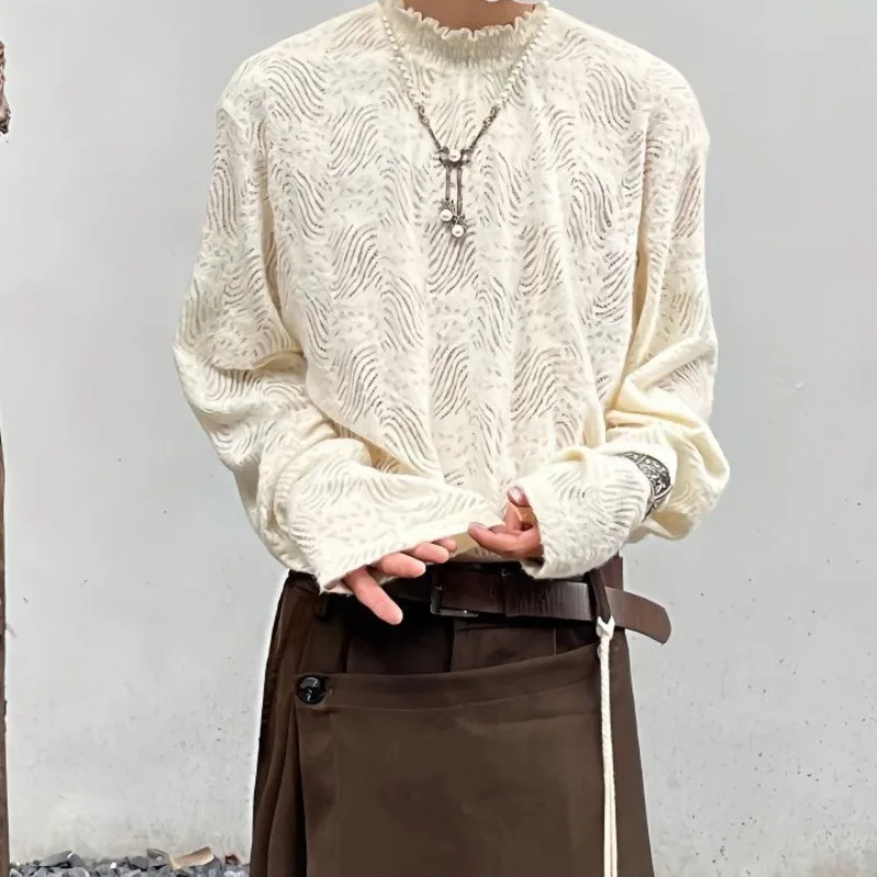 Japanese Half Collar Lace Base Pullovers New Unisex Style Knitted Long Sleeved T-shirt Men Hollowed Out Temperament Thin Sweater