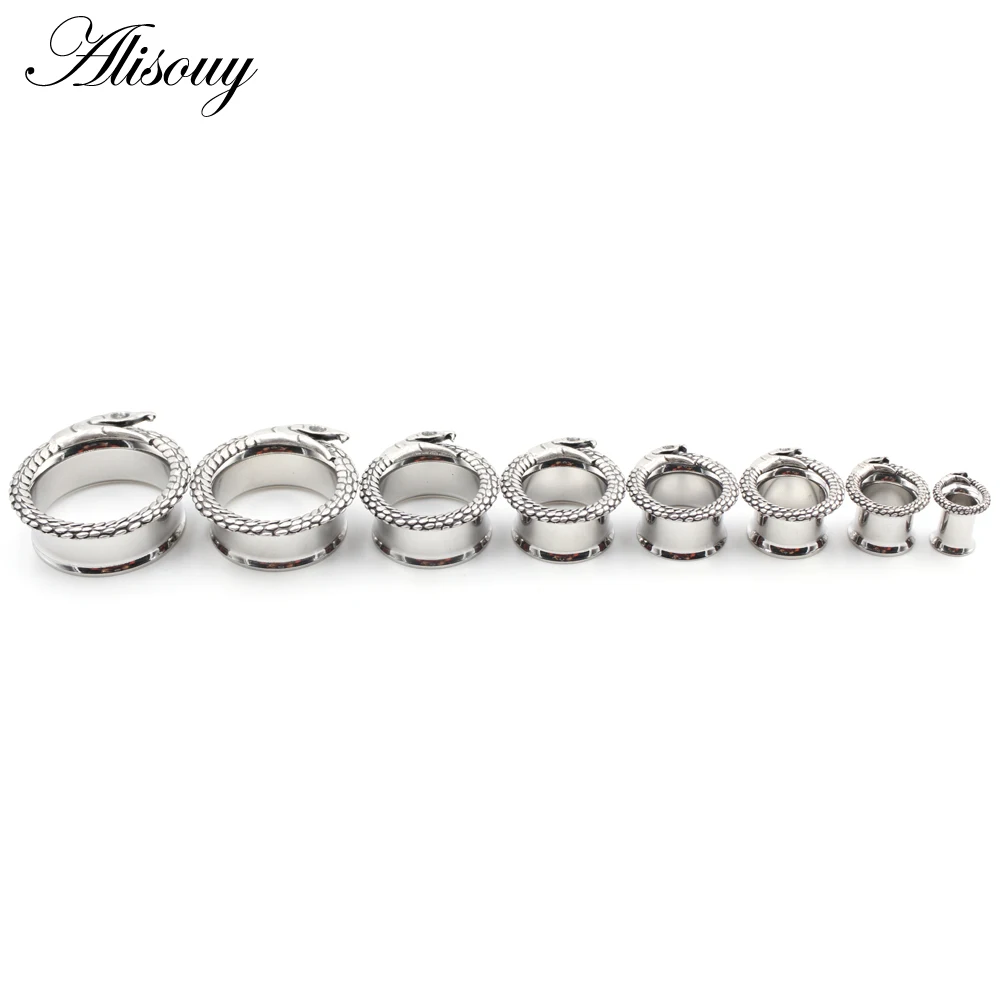 Alisouy 2pcs 6-25mm Retro Unique Stainless Steel Snake Head Ear Tunnels Plugs Expander Stretcher Gauges Body Piercing Jewelry