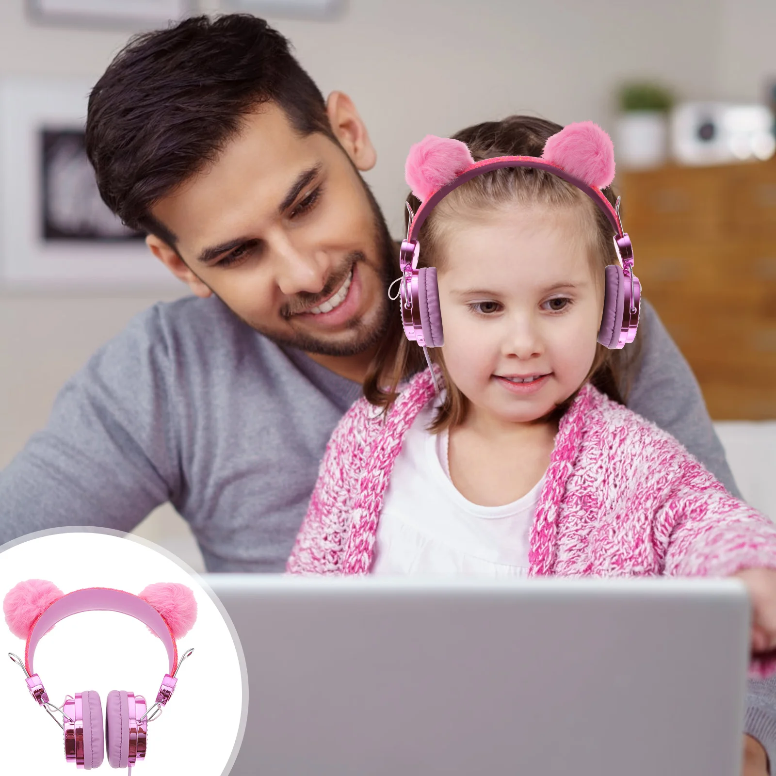 

Cat Ear Headphones For Kids Glitter Rhinestone Furry Ball Design High-Fidelity Cable Elastic On-Ear Children Headset For