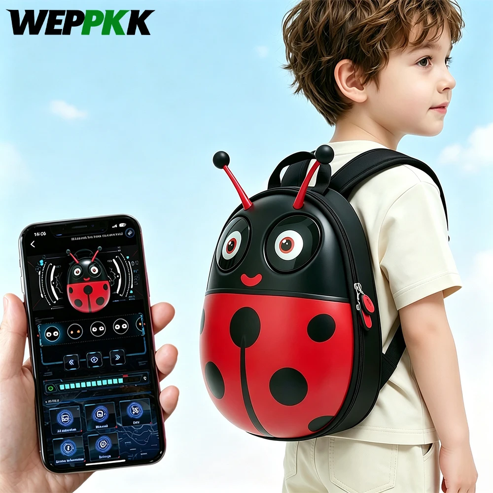 Waterproof Hard-Shell Ladybug Backpack for Kids, Bluetooth DIY Programmable Color LED Eyes Screen, Casual Small Shoulder Daypack