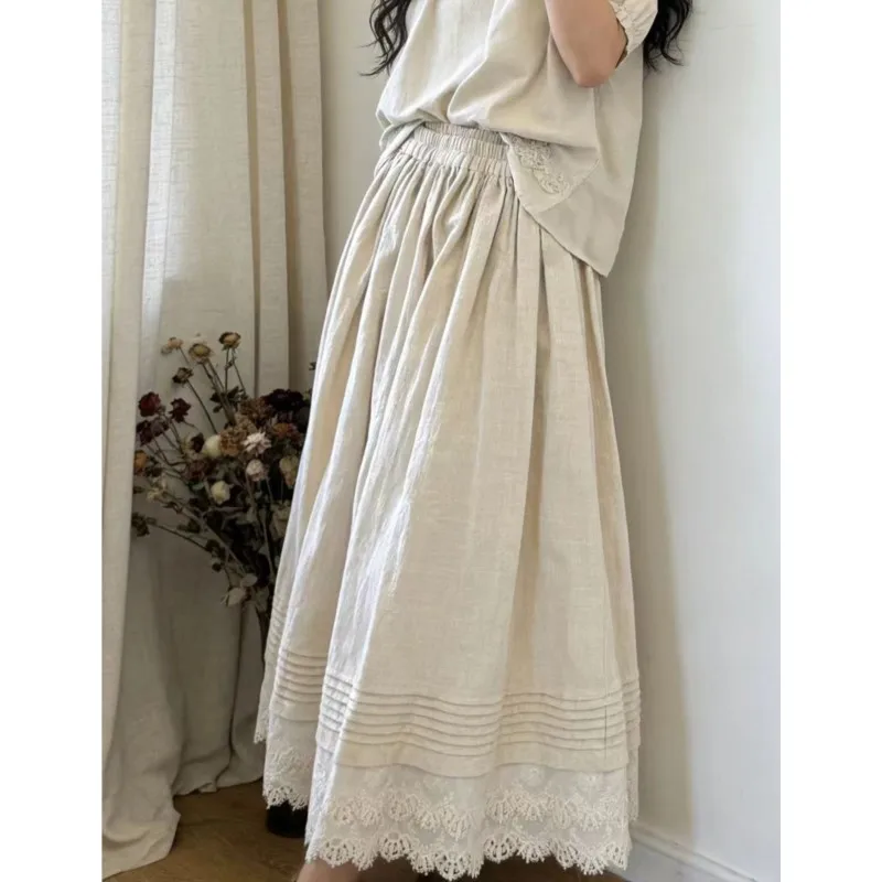 Johnature Forest Style Cotton Linen Skirt New Loose Versatile Double Layered Lace Casual Vintage Women Umbrella Skirts