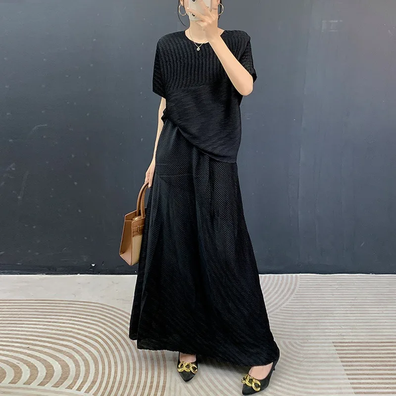 

Miyake Pleated Top and Skirt Set 2026 Summer New Short Sleeve T-Shirt Simple Casual Stretch Long Skirt Women's Elegant Clothing