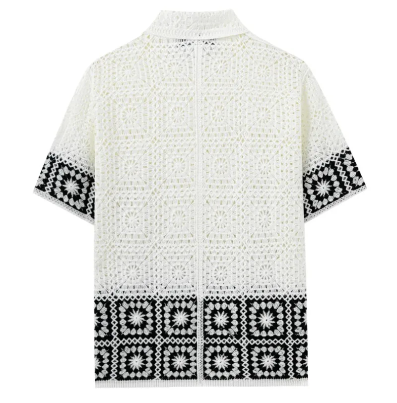 Herren Häkel-Strickhemd mit Lochmuster, Knopfleiste, Kurzarm, Transparente Bluse, Sommer Strand Urlaub Ethnisch Lässiges Strick-Oberteil – Detail 5