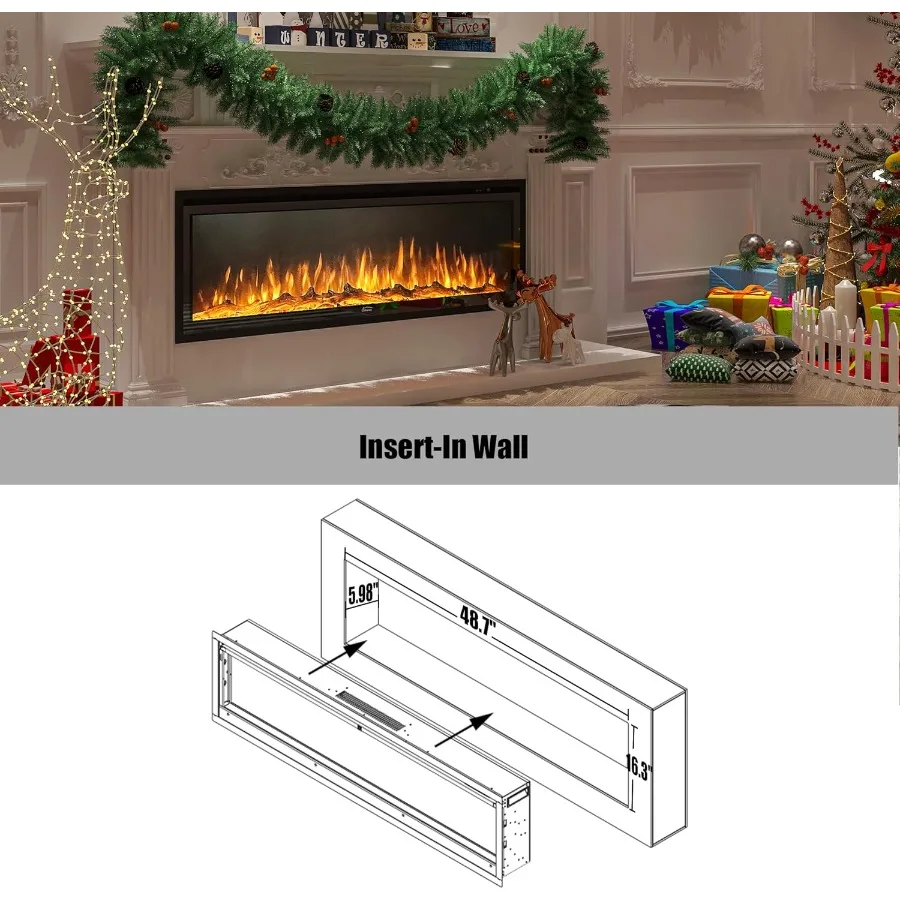 Camino elettrico da 50 pollici Luoghi di fuoco di lusso Inserti Decorazione camino Riscaldatore per camino con timer Telecomando Fiamma regolabile