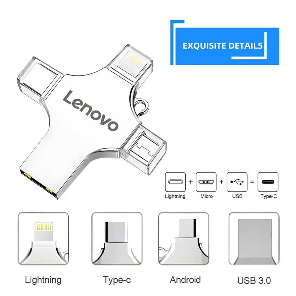 Lenovo แฟลชไดรฟ์ USB 2TB 4 in 1ไดรฟ์ปากกาไลท์นิ่ง1TB สำหรับ iPhone iPad Android 1TB OTG pendrive เมมโมรี่สติ๊กสำหรับแล็ปท็อป