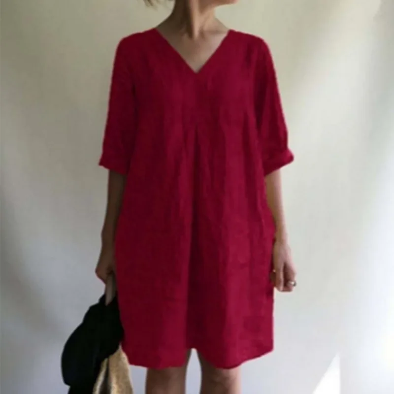 Casual Cotton Linen Shirt Dress For Women Solid Color V Neck Ruched Summer Midi Dress Simple Style Big Size Beach Short Dresses