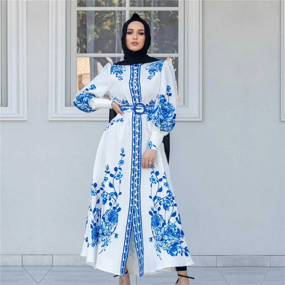 Elegant Ethnic Print Maxi Dress For Women Spring Autumn 2022 New Vintage Muslim Jalabiya Dubai Moroccan Caftan Feminine Clothes