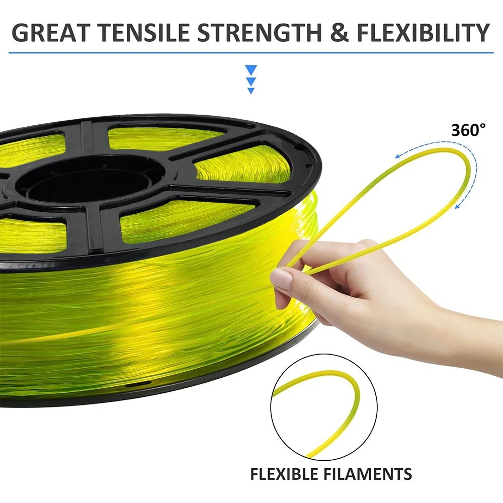 TPU 1.75 مم مرن +/- 0.03 مم خيوط طابعة ثلاثية الأبعاد أصفر شفاف، بكرة 95 أمبير 250 جرام (0.55 رطل)