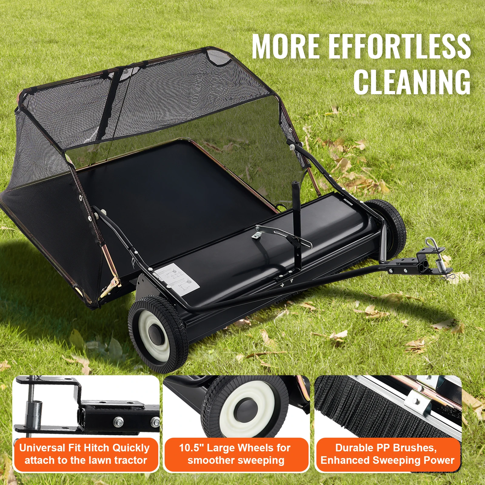 52-inch Lawn Sweeper Tow Behind Large Pull Behind Heavy Duty Leaf Grass Collector for Picking Up Debris Grass