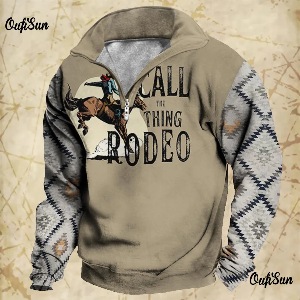 New Vintage Zip Sweatshirt Cowboy Hoodies Sweater For Men\'s 3d Print Autumn Long Sleeve Loose Tops Clothes For Men Clothing