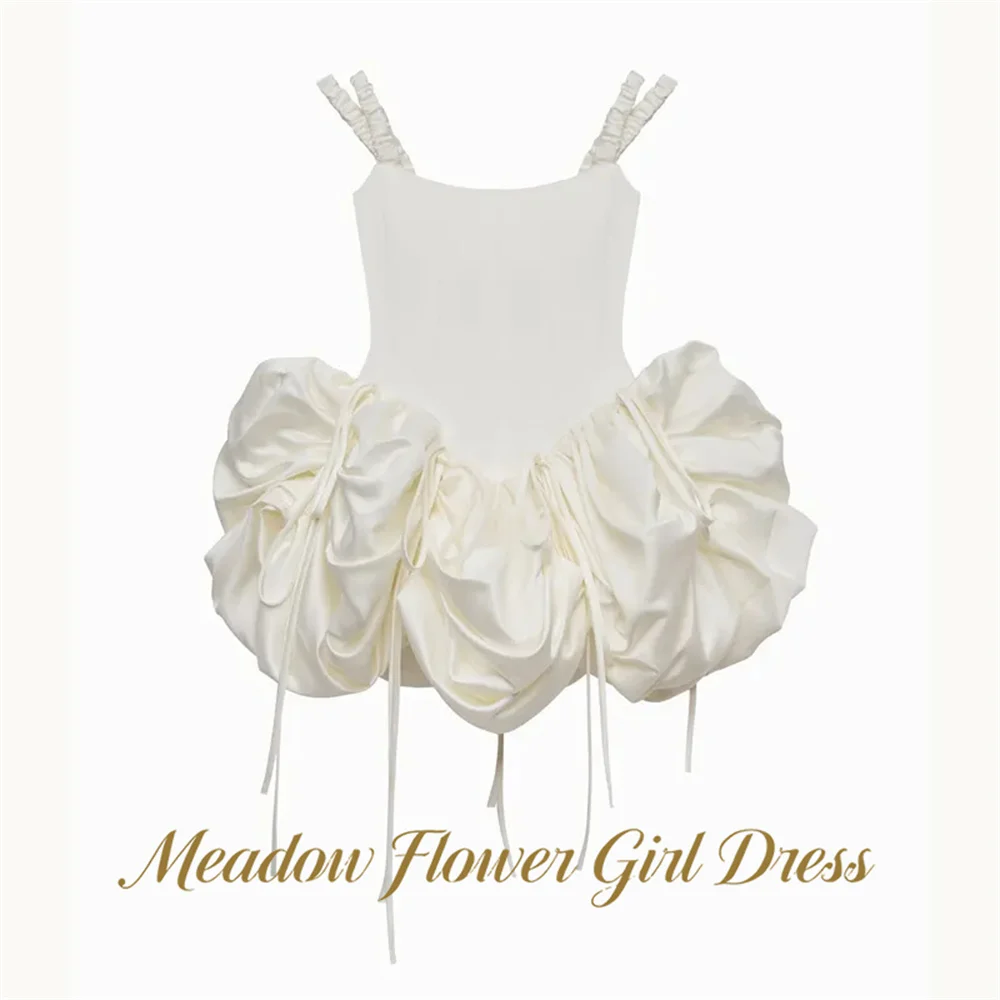 Meadow Square Neck Ruched Thin Straps Flower Girl Dress Drawstring Tassel Hanging Hem Ballet Pageant Dress for Girl Customized
