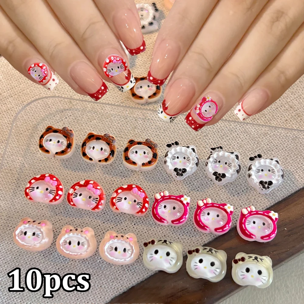 

10pcs Red Hat Hello Kitty Resin Nail Art Chanrms Cow Print/leopard Print/bow Hello Kitty Nail Decorations Cute 3D Manicure Parts