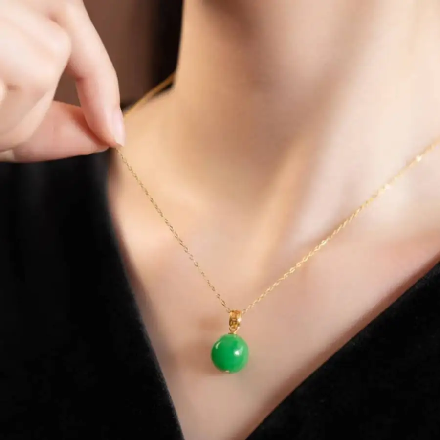 

Natural Jade Round Bead Pendant Necklace Women's 14K Gold Filled Chain Jewelry