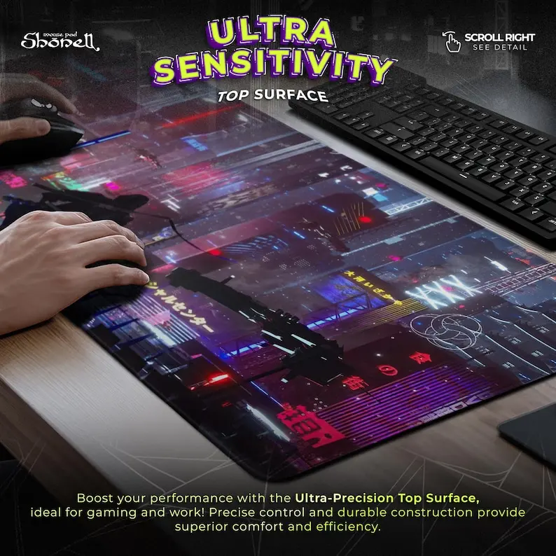 لوحة ماوس Cyberpunk City - مشهد مسطح نيون مستقبلي مع آرتشر آند كات في طوكيو الخيال العلمي - هدية حصيرة مكتب الألعاب #4