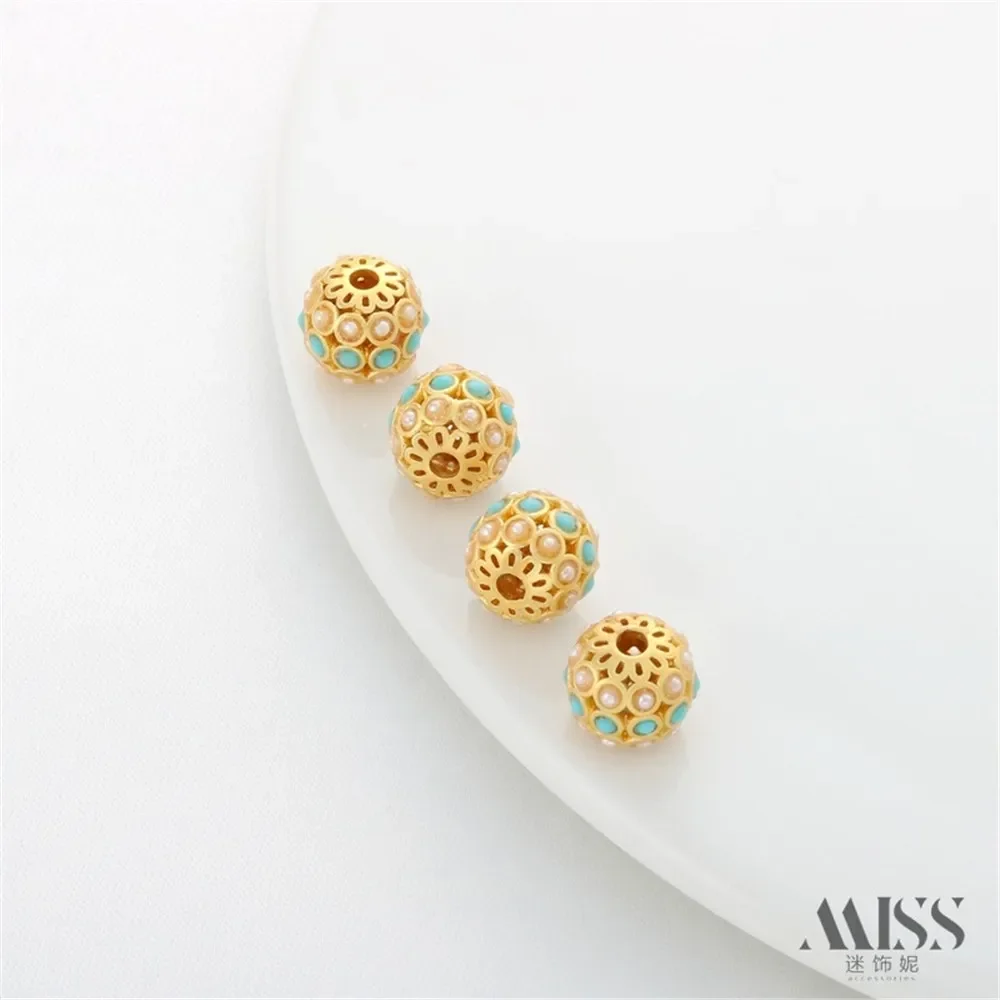 18K الذهب حقيبة اللون ماتي الذهب مطعمة الفيروز اللؤلؤ الجوف حبة نقل حبة سوار ذاتي الصنع قلادة مجوهرات اكسسوارات