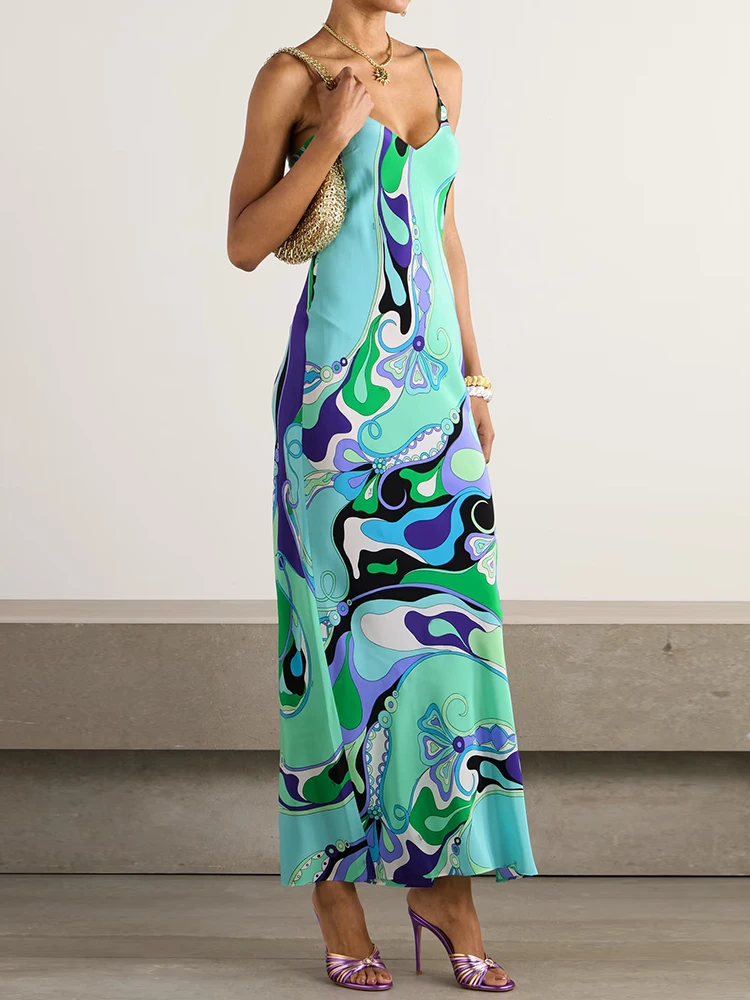 Sleeveless Retro Patchwork Printing Maxi Dress, Spring Summer Women Elegant O-Neck Party Dress, New Hollow Out Sexy Ladies Dress