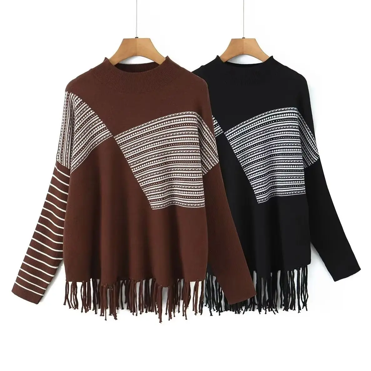 KONDALA 2025 Fashion Fall Knit Streetwear Women Sweaters Fashion Casual O-Neck Loose Striped Tassels Elegant Patchwork Sweaters