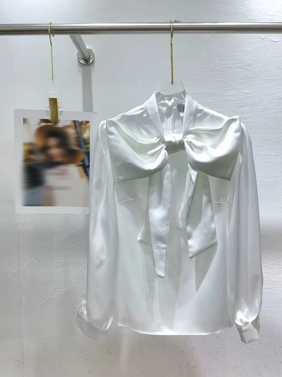 GALCAUR однотонная шикарная рубашка с бантом, женская рубашка с воротником-стойкой и длинным рукавом, свободные французские элегантные женские рубашки, осенний модный стиль