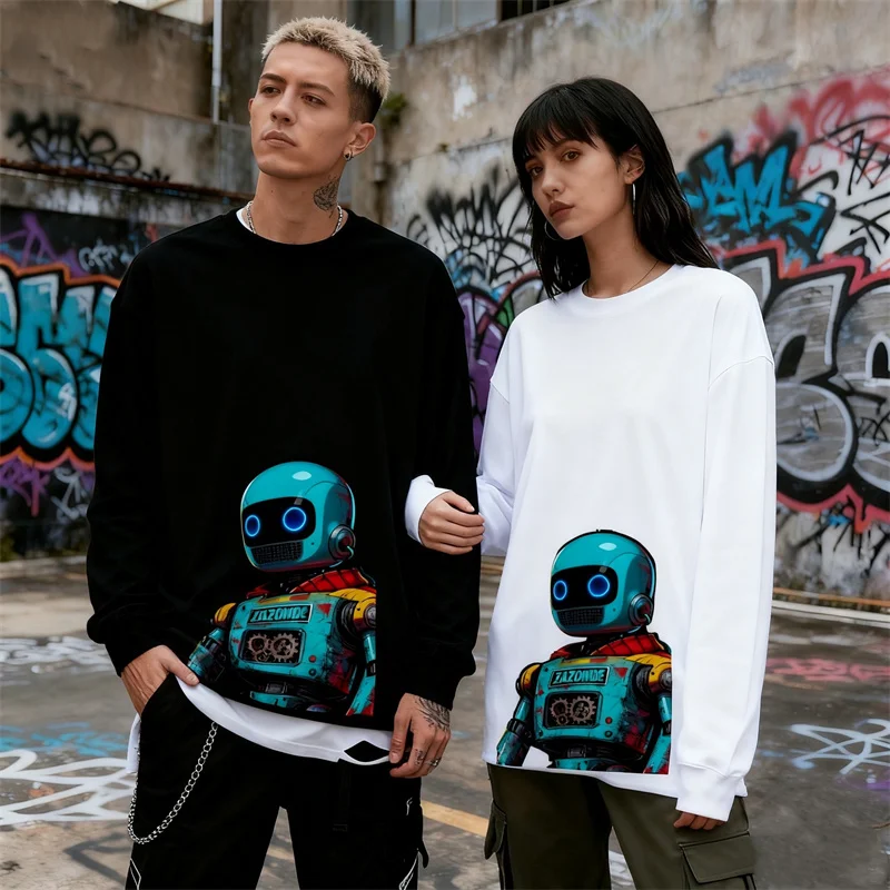 

ZAZOMDE Корейская мужская футболка с длинным рукавом с машинным узором из чистого хлопка с графическим принтом Удобная уличная одежда свободного покроя