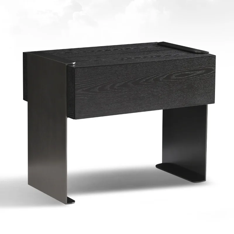 

Italian minimalist high-end stainless steel bedside table simple bedroom black oak
