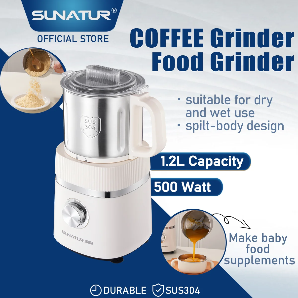 

SUNATUR 1.2L Wet Dry Grinder electric coffee grinder Commercial Multifunctional Food processor coffee Bean Spice Milling Machine