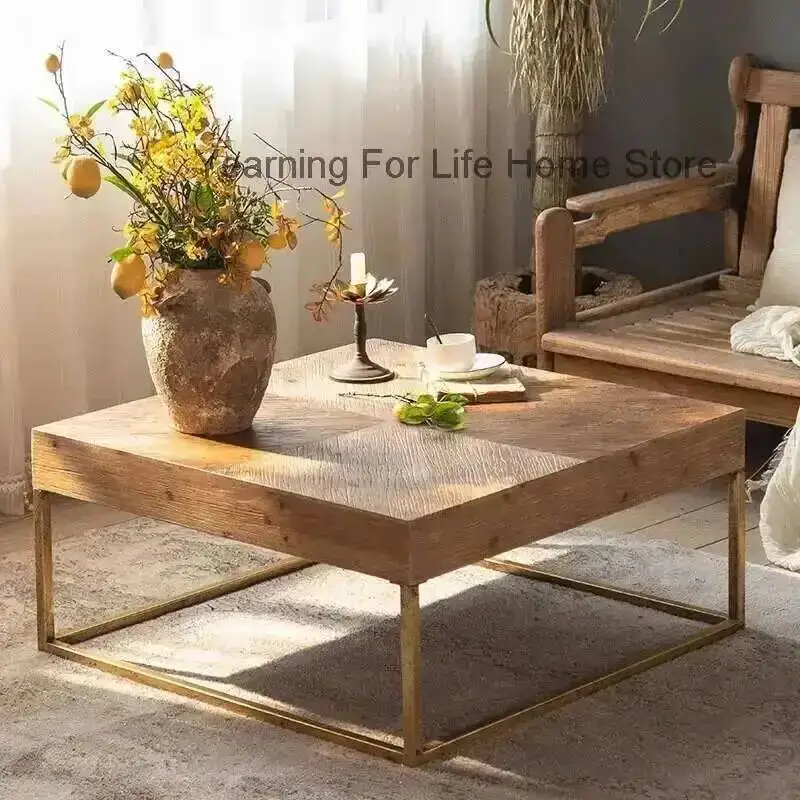 

Coffee Simple Retro Tables Square Solid Wood with Iron Legs Luxury Sofa Side Round Table Center Table for Living Room Furniture