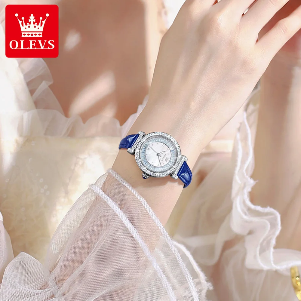 OLEVS-Montre-bracelet à quartz étanche pour femme, montres d'affaires de luxe, bracelet en cuir bleu, date, 9983