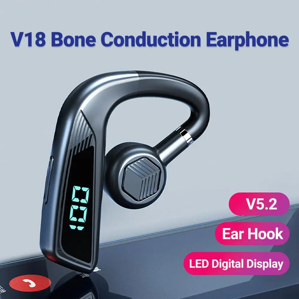 V18 Bluetooth-compatible Earphone Ear Hook Bone Conduction LED Digital Display Business Sports Wireless Headset for Driving