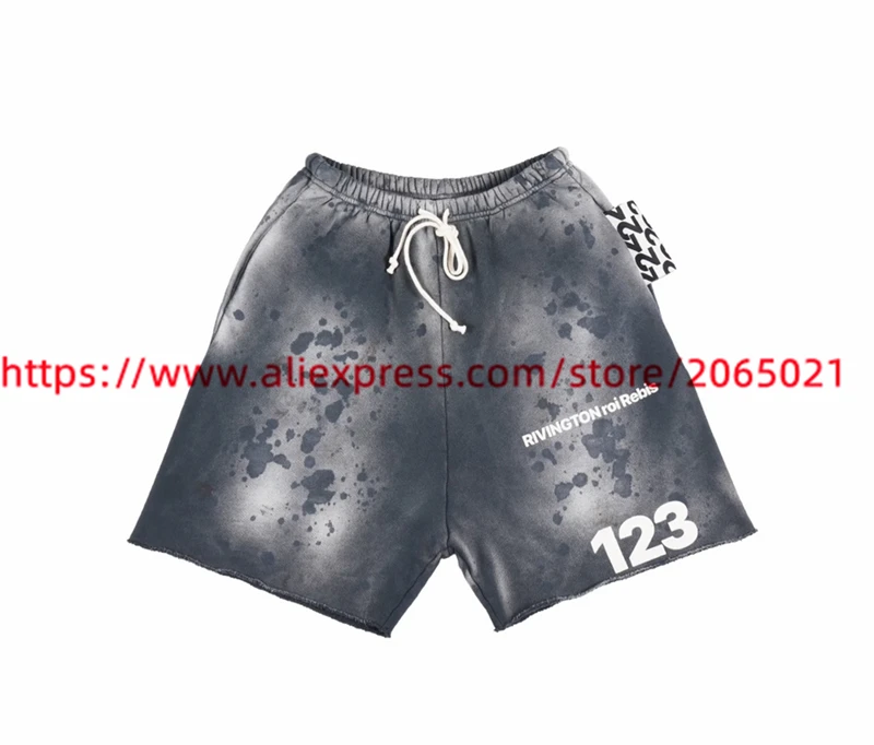 Vintage Washed Damaged RRR123 Tie-dyed Shorts Men Women Drawstring High Quality Breeches Inside Tag